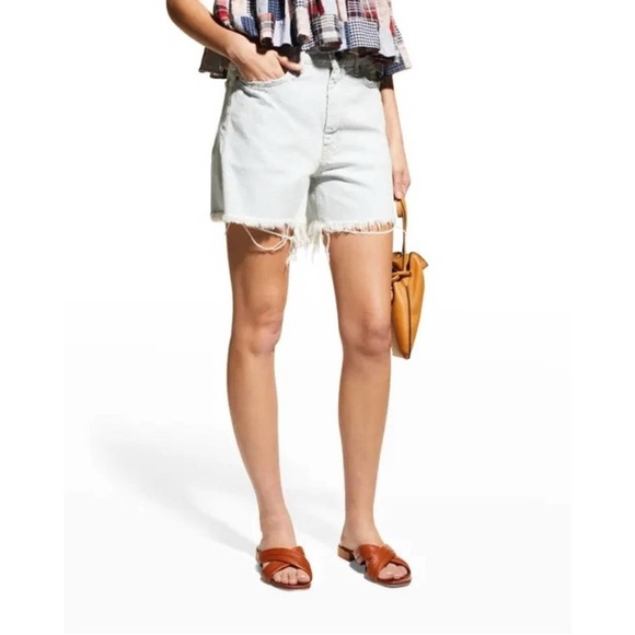 The Great. The Easy Cut-Off Distressed Raw Hem Light Wash Jean Shorts - Picture 1 of 8